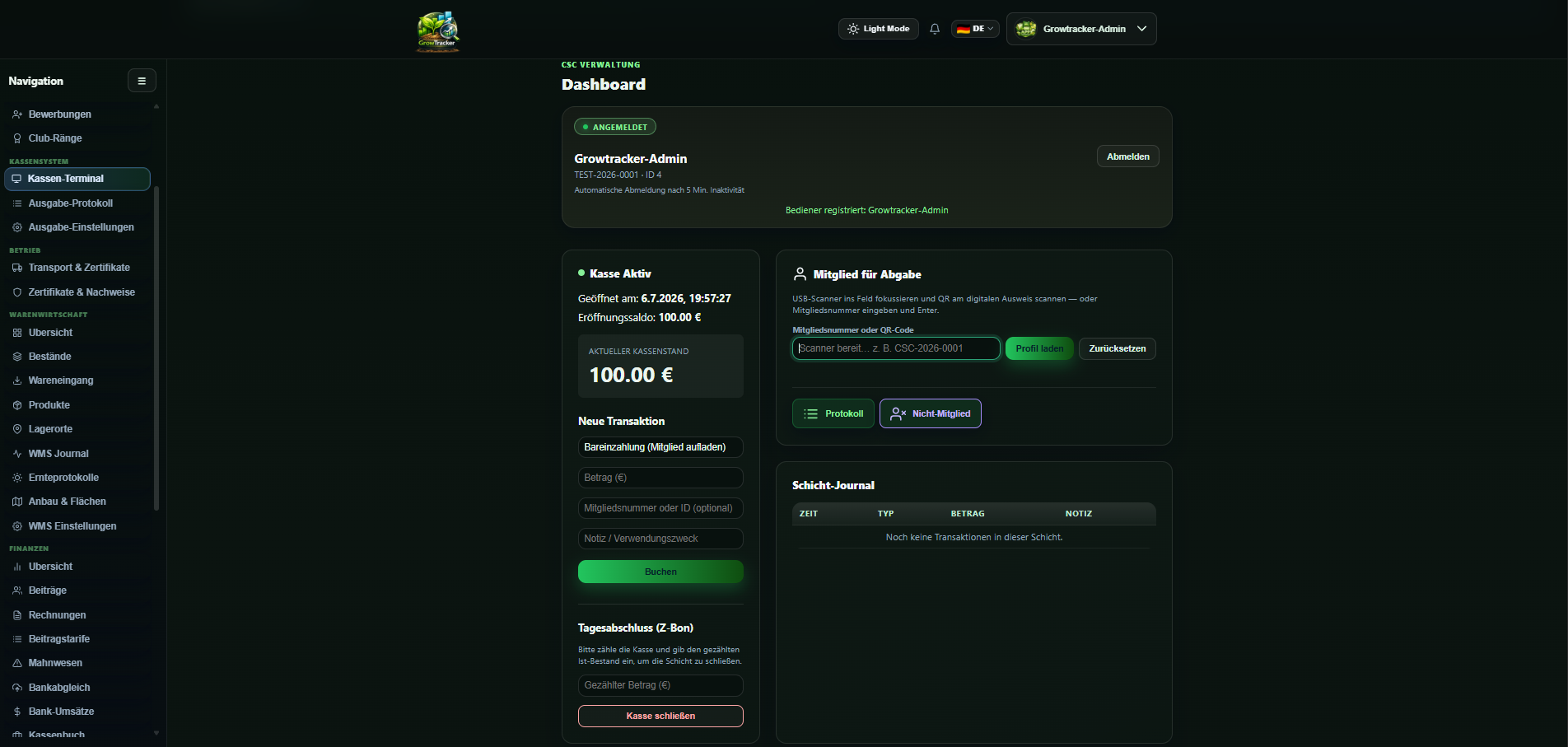 GrowTracker CSC Dashboard – Kassen-Terminal